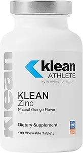 A bottle of Klean ZINC, natural orange flavor, chewable tablets designed to support immune function, containing 180 tablets.