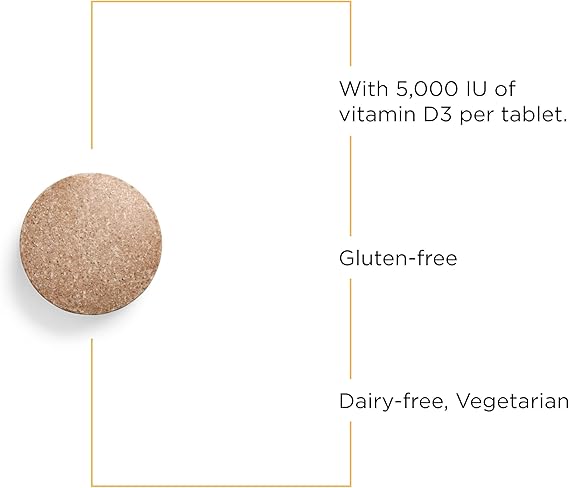 A picture of brown tablet. Information stating 5000 IU of vitamin D3, gluten and diary free, vegetarian