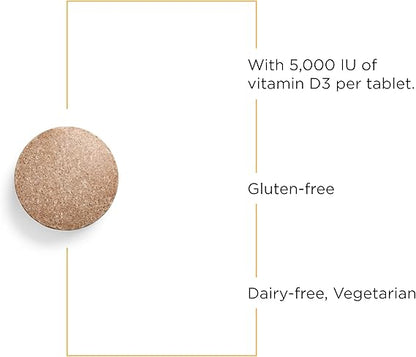 A picture of brown tablet. Information stating 5000 IU of vitamin D3, gluten and diary free, vegetarian