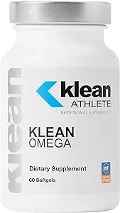 A bottle of Klean Omega dietary supplement with 60 softgels, labeled as supporting joint, cardiovascular, and neurological health.