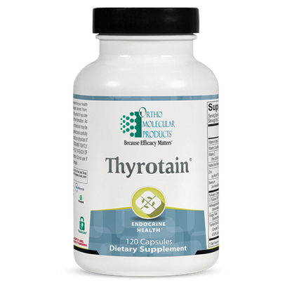 A bottle of OrthoMolecular Products Thyrotain, which is a dietary supplement for thyroid health, containing 120 capsules.