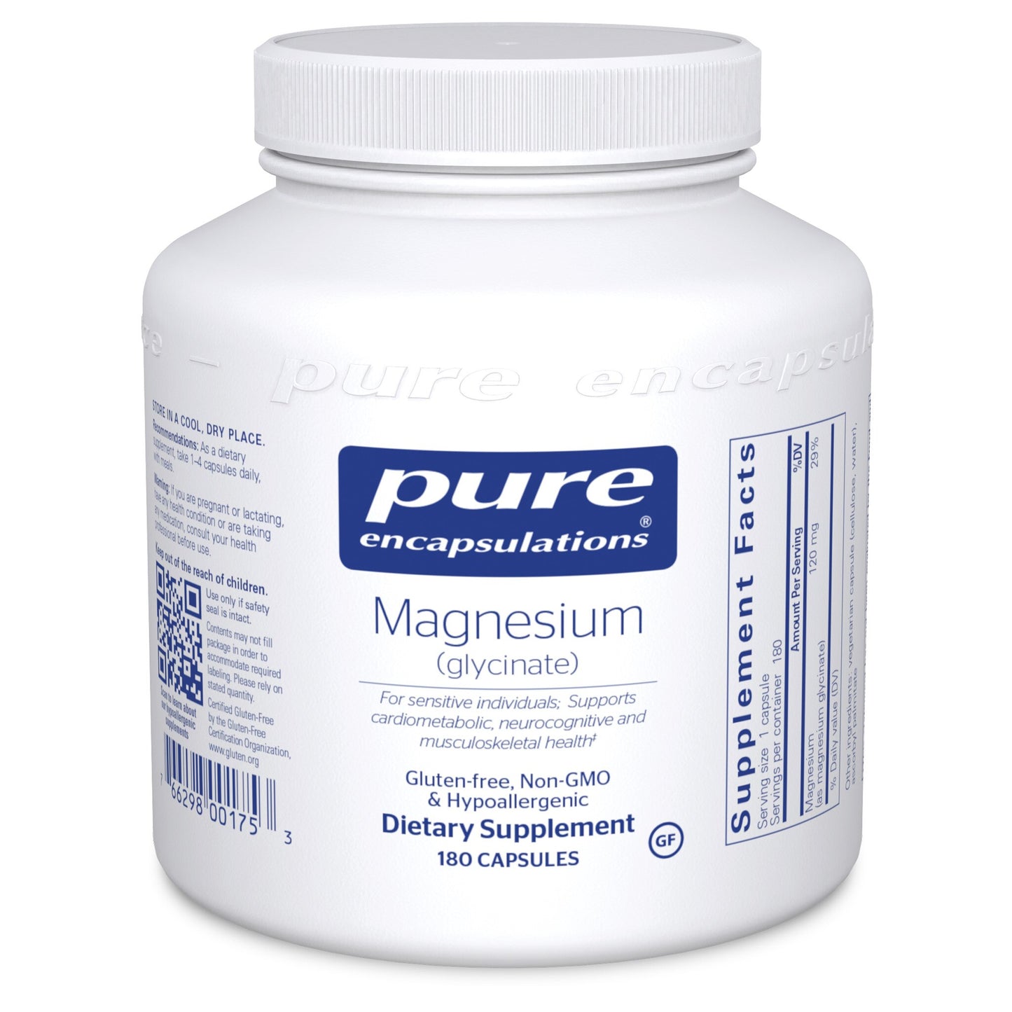 A bottle of Pure Encapsulations Magnesium (glycinate) dietary supplement containing 180 capsules.