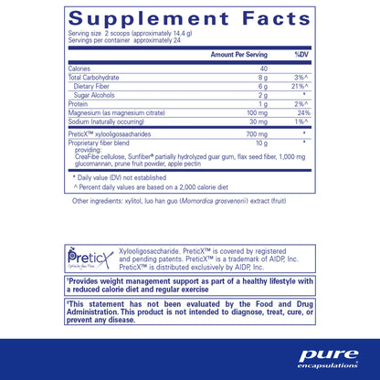 Supplement facts and ingredient information for a container of 'Pure Encapsulations PureLean Fiber
