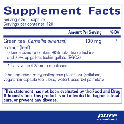 Supplement facts for a bottle of Pure Encapsulations Green Tea Extract dietary supplement