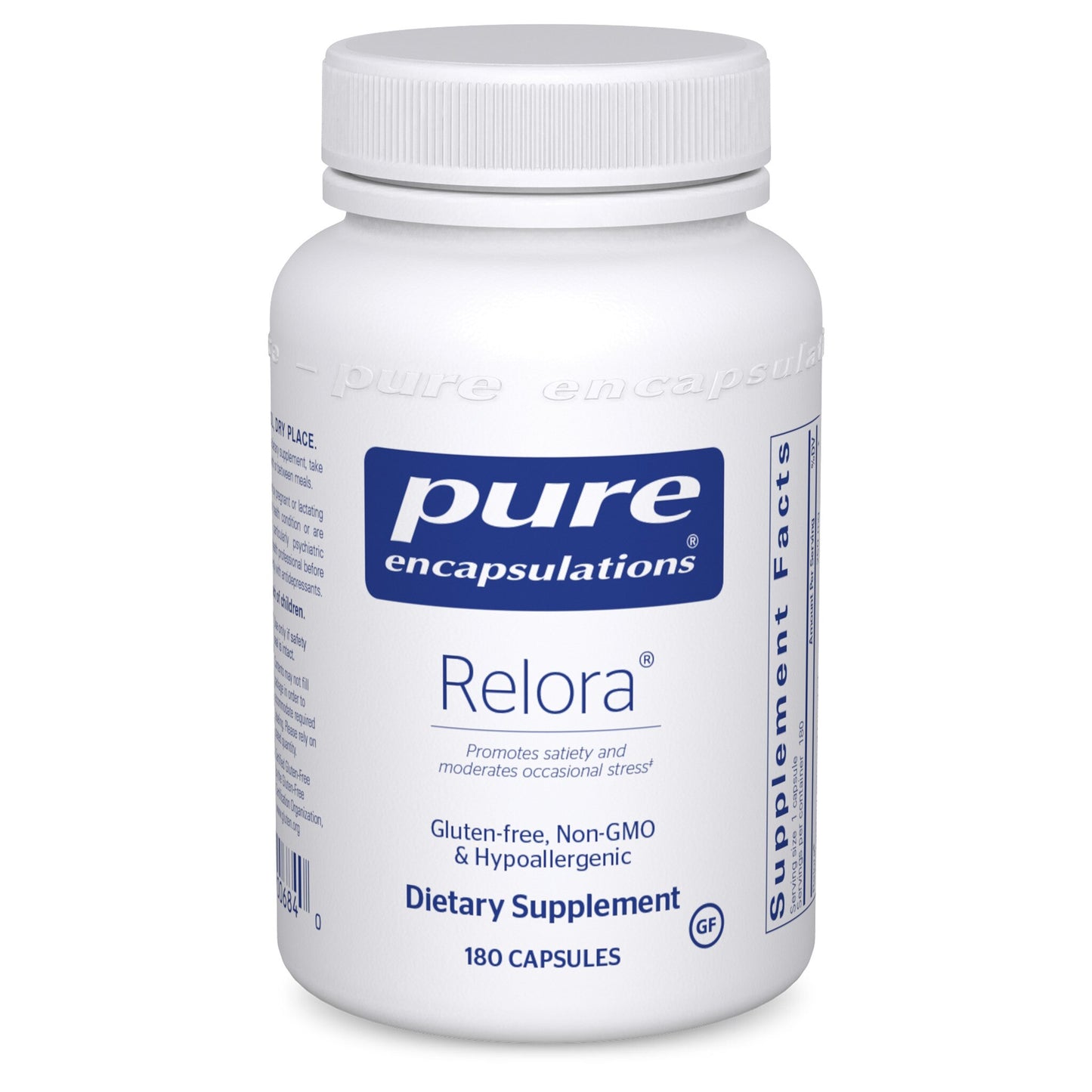 A bottle of Pure Encapsulations Relora dietary supplement with 180 capsules, labeled for stress relief and moderate occasional stress.