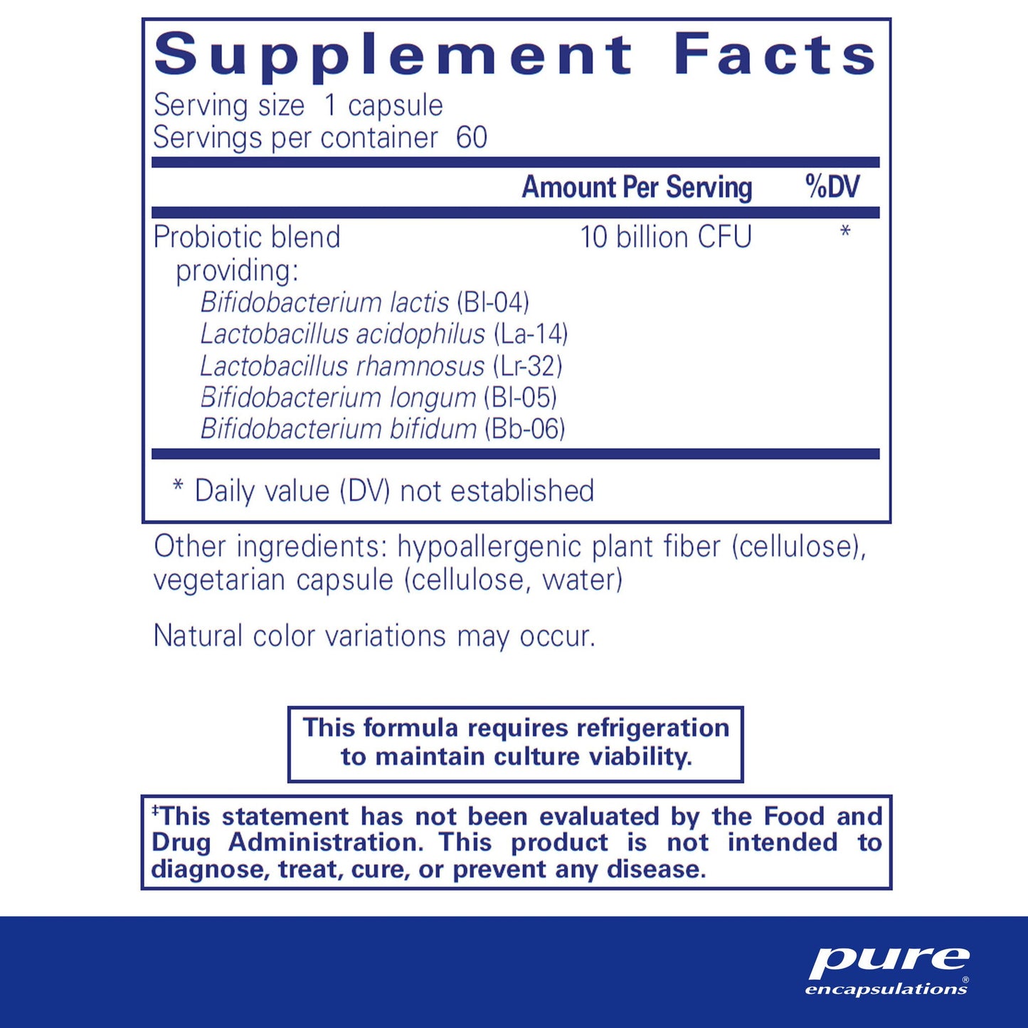 Supplement facts and ingredient information for a bottle of Pure Encapsulations Probiotic-5 dietary supplement 