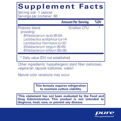 Supplement facts and ingredient information for a bottle of Pure Encapsulations Probiotic-5 dietary supplement 