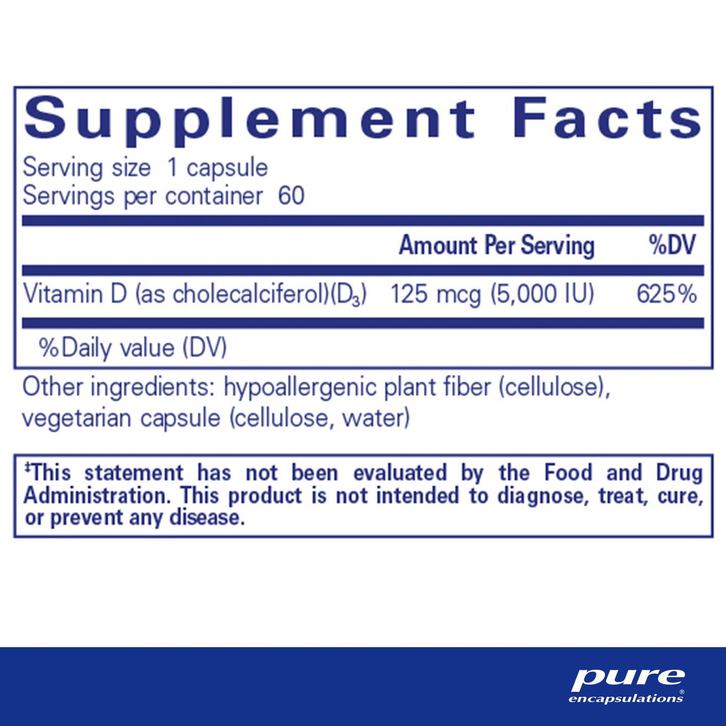 Supplement facts and ingredient information for a bottle of Pure Encapsulations Vitamin D3 supplement