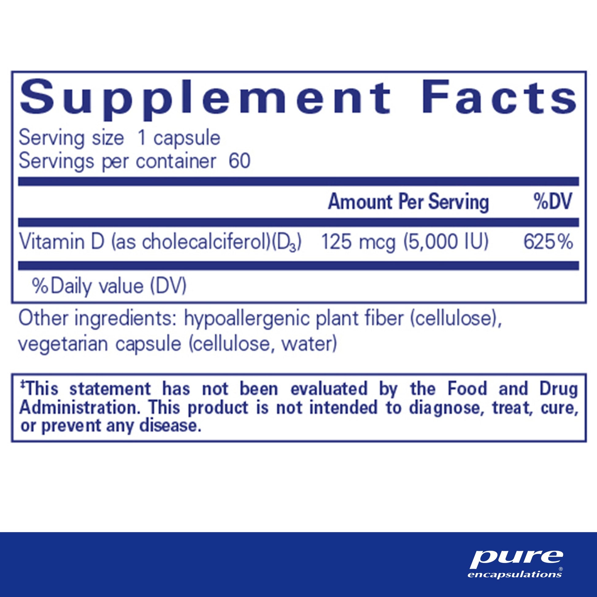 Supplement facts and ingredient information for a bottle of Pure Encapsulations Vitamin D3 supplement