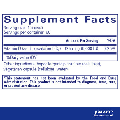 Supplement facts and ingredient information for a bottle of Pure Encapsulations Vitamin D3 supplement