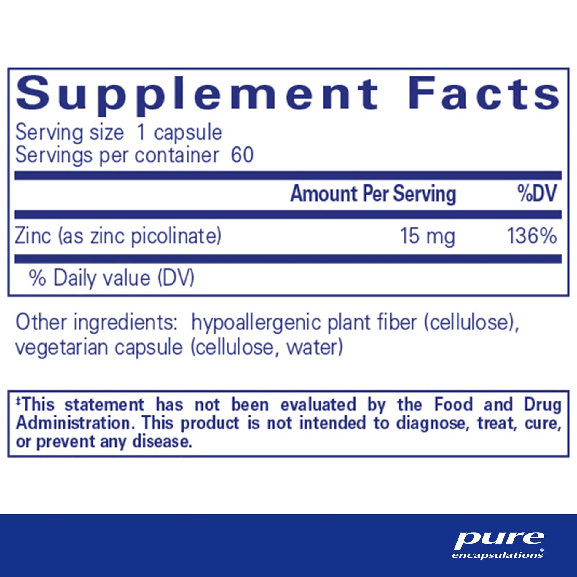 Supplement facts for a bottle of Pure Encapsulations Zinc 15 