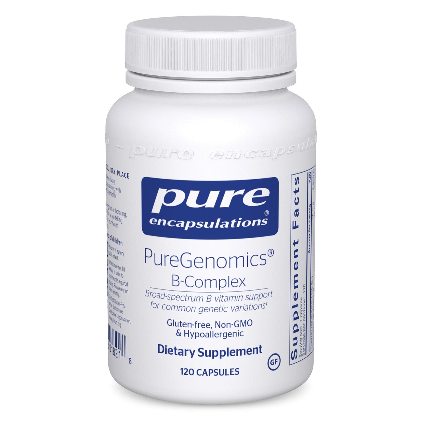 A bottle of Pure Encapsulations PureGenomics B-Complex dietary supplement with 120 capsules.
