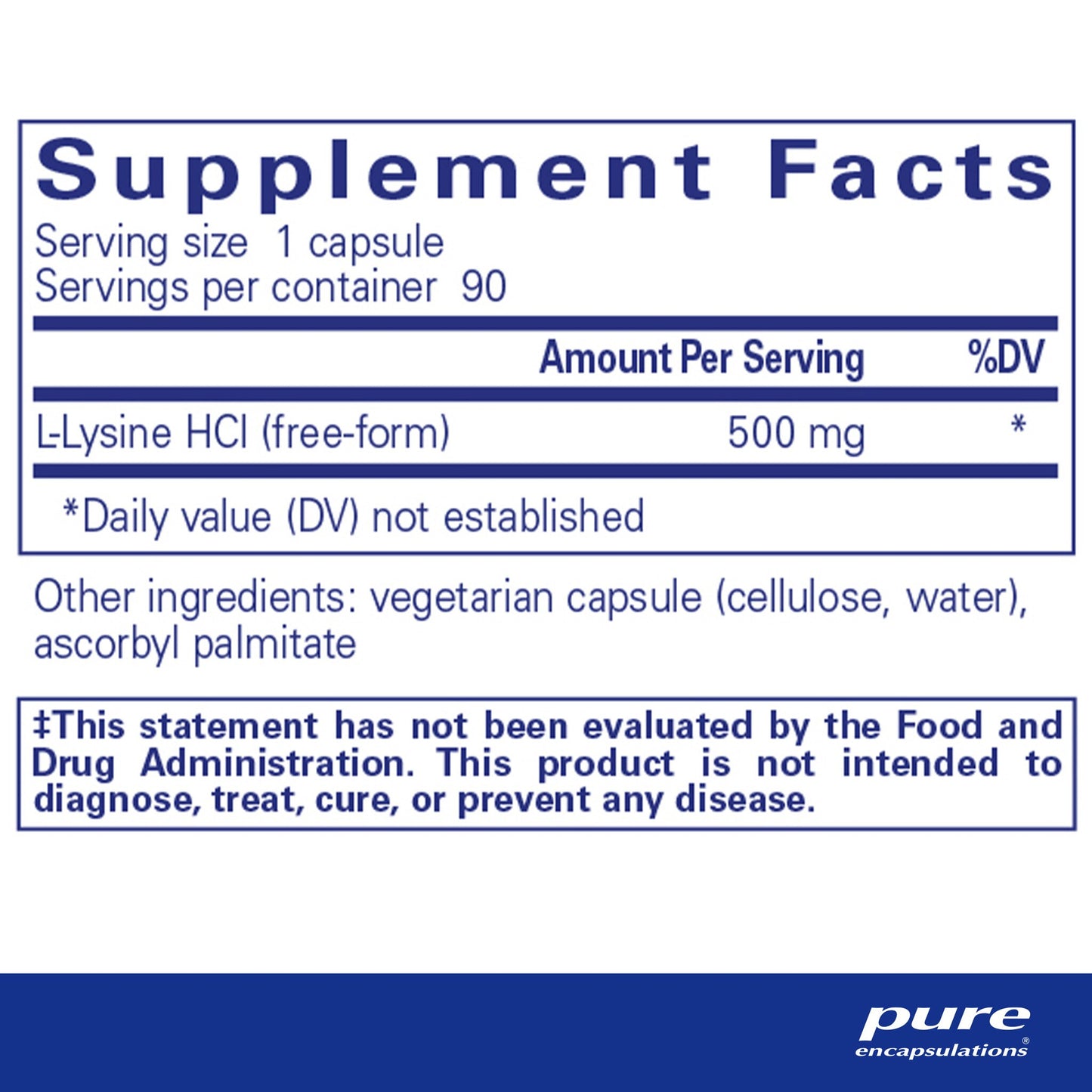 Supplement facts and ingredient information for a bottle of Pure Encapsulations l-Lysine dietary supplement 