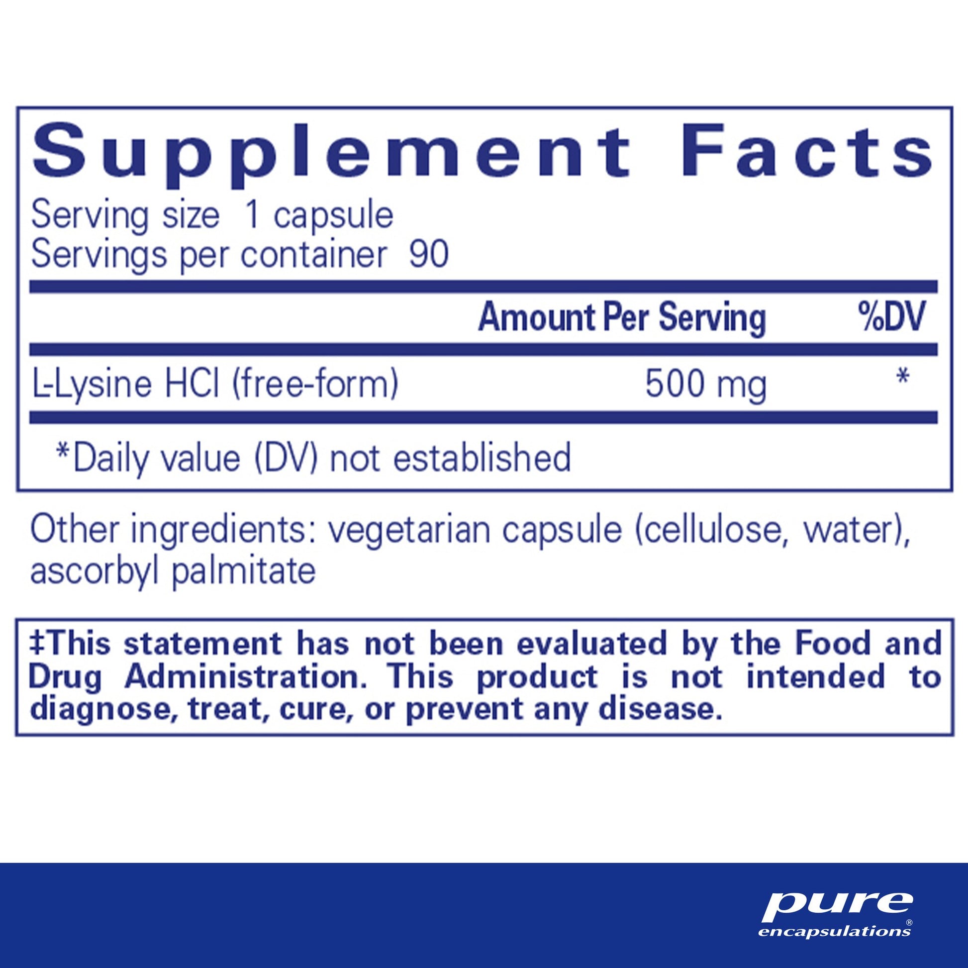 Supplement facts and ingredient information for a bottle of Pure Encapsulations l-Lysine dietary supplement 