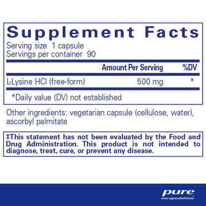 Supplement facts and ingredient information for a bottle of Pure Encapsulations l-Lysine dietary supplement 