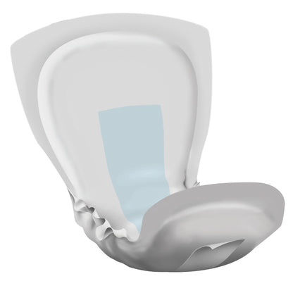 White incontinence pad with a blue absorbent strip, 
on a white background