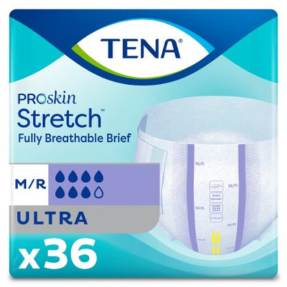 Blue package of Tena Proskin Stretch, Fully Breathable Brief.