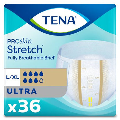 Blue package of Tena Proskin Stretch, Fully Breathable Brief.