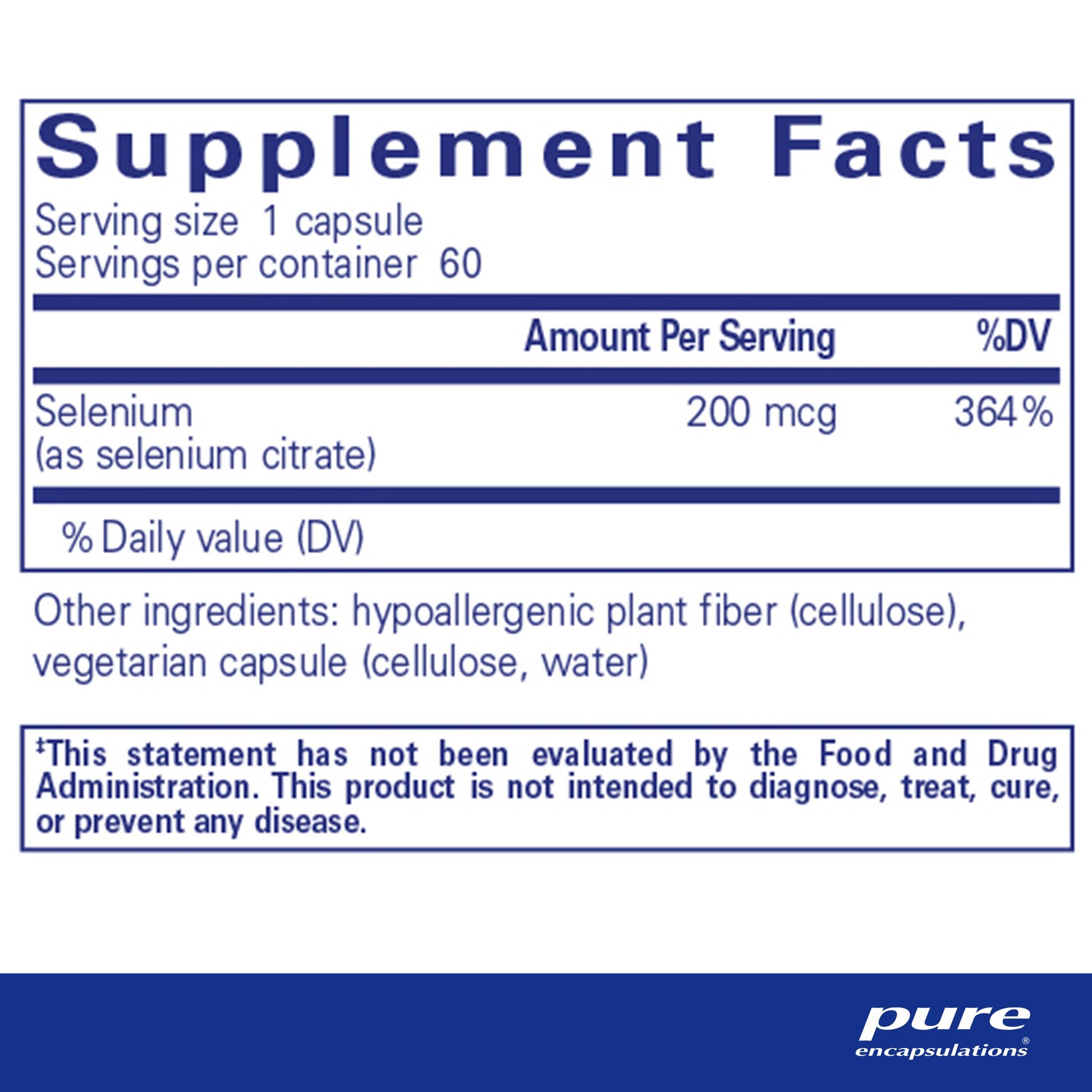 Supplement facts and ingredient information for bottle of Pure Encapsulations Selenium (citrate) dietary supplement