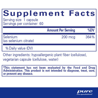 Supplement facts and ingredient information for bottle of Pure Encapsulations Selenium (citrate) dietary supplement