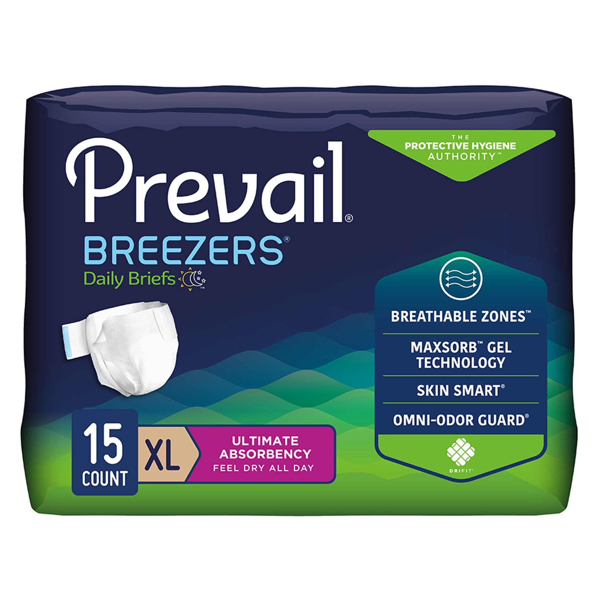Package of Prevail Breezers Daily Briefs with features highlighted on a white background