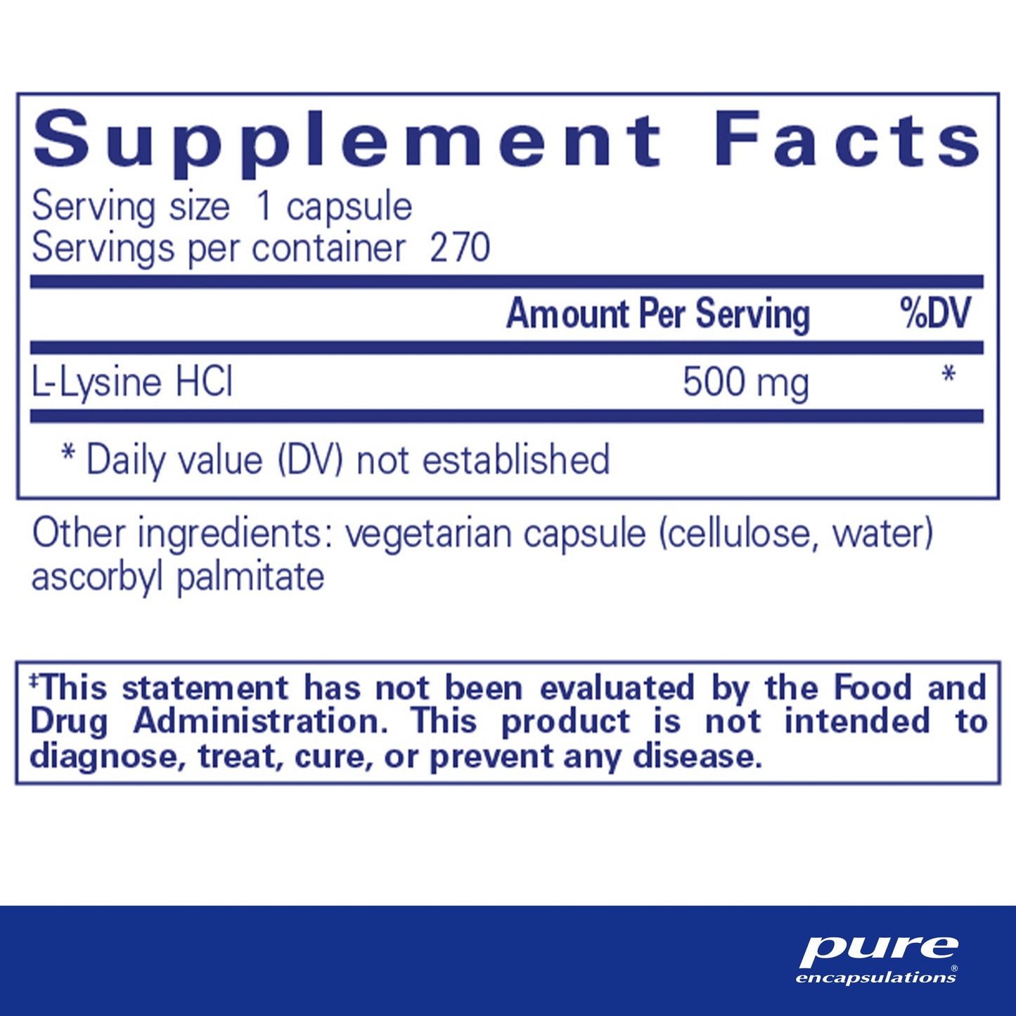Supplement facts and ingredient information for a bottle of Pure Encapsulations l-Lysine dietary supplement 