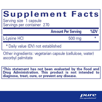 Supplement facts and ingredient information for a bottle of Pure Encapsulations l-Lysine dietary supplement 