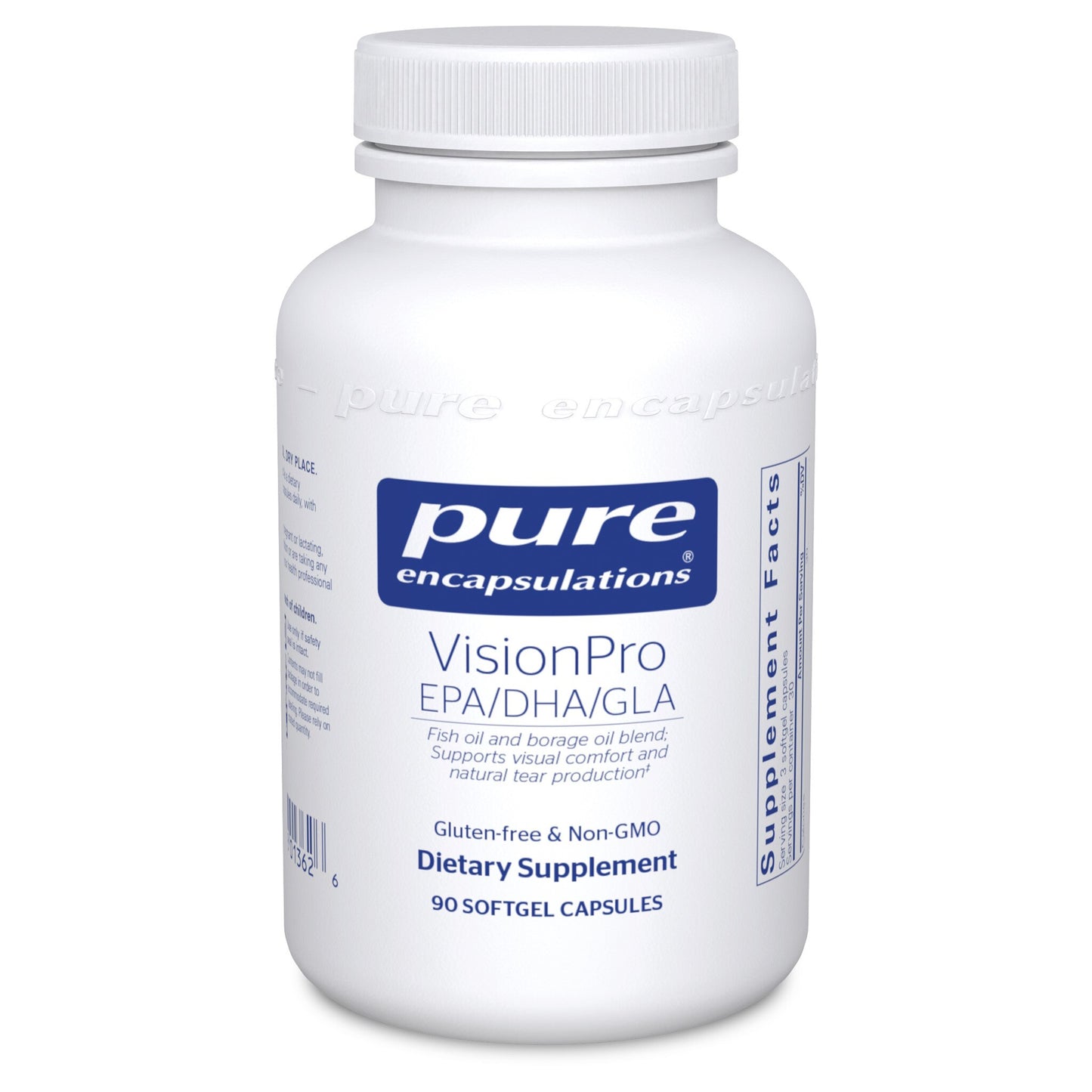 A bottle of Pure Encapsulations VisionPro EPA/DHA/GLA softgel capsules.