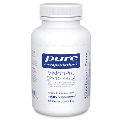A bottle of Pure Encapsulations VisionPro EPA/DHA/GLA softgel capsules.