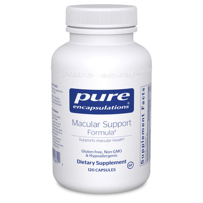 A bottle of Pure Encapsulations Macular Support Formula dietary supplement with 120 capsules.