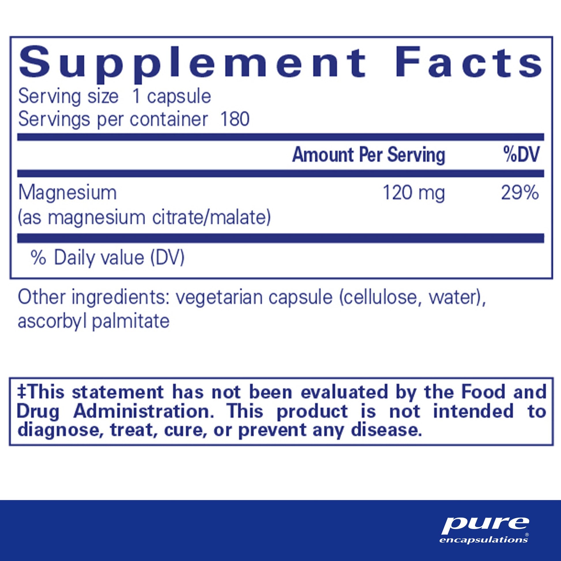 Supplement facts and ingredient information for a bottle of Pure Encapsulations Magnesium (citrate/malate) capsules 