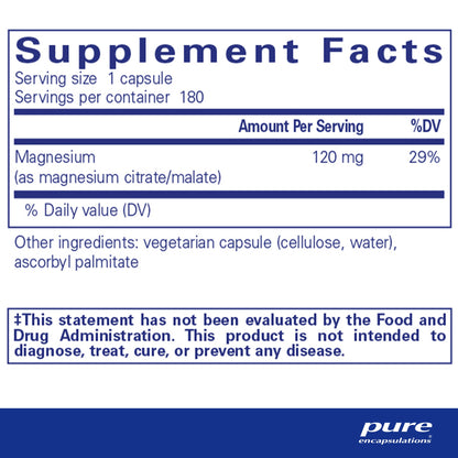 Supplement facts and ingredient information for a bottle of Pure Encapsulations Magnesium (citrate/malate) capsules 