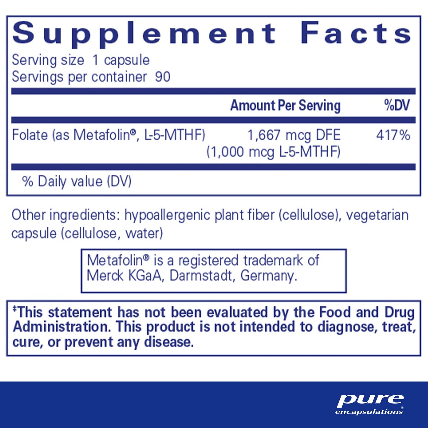 Supplement facts for a bottle of bottle of Pure Encapsulations Folate 1000 dietary supplement 