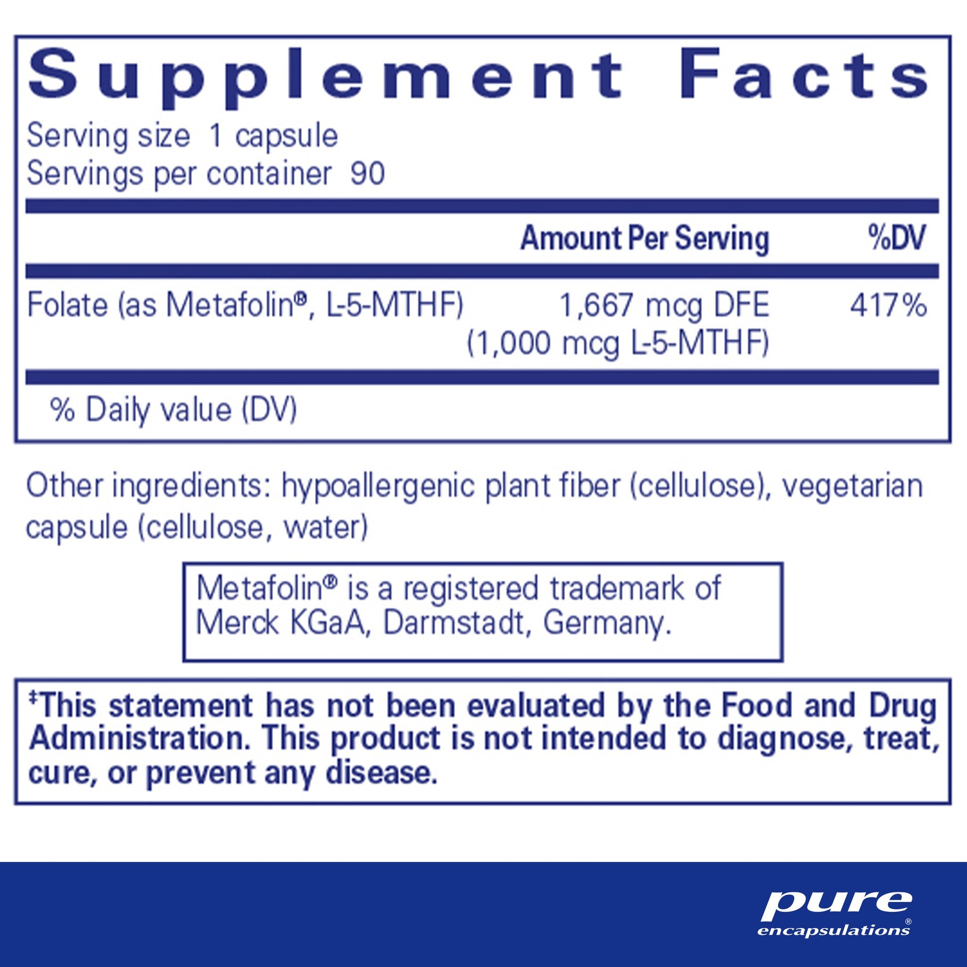 Supplement facts for a bottle of bottle of Pure Encapsulations Folate 1000 dietary supplement 