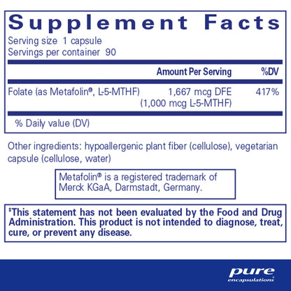 Supplement facts for a bottle of bottle of Pure Encapsulations Folate 1000 dietary supplement 
