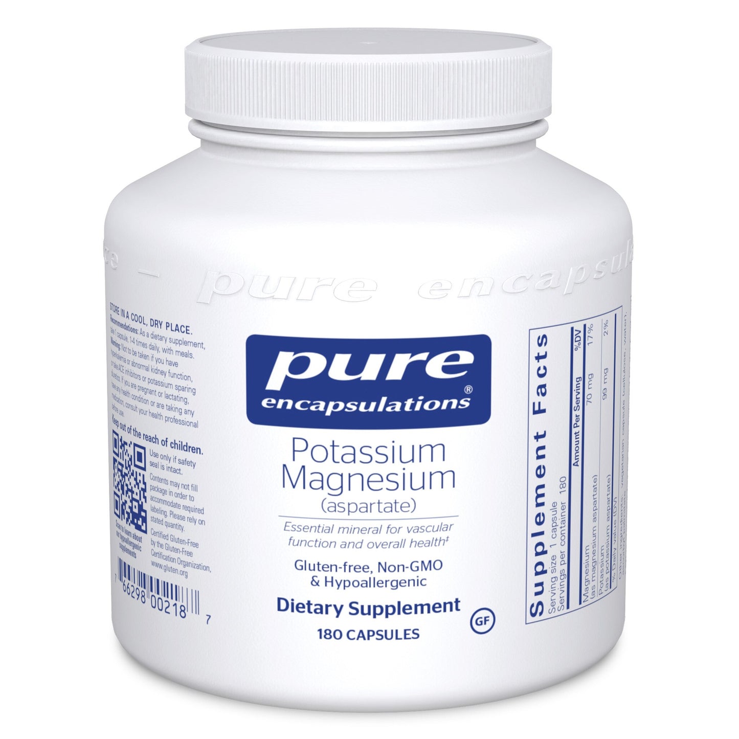 A bottle of Pure Encapsulations Potassium/Magnesium (aspartate) dietary supplement containing 180 capsules.