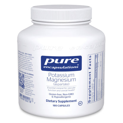 A bottle of Pure Encapsulations Potassium/Magnesium (aspartate) dietary supplement containing 180 capsules.