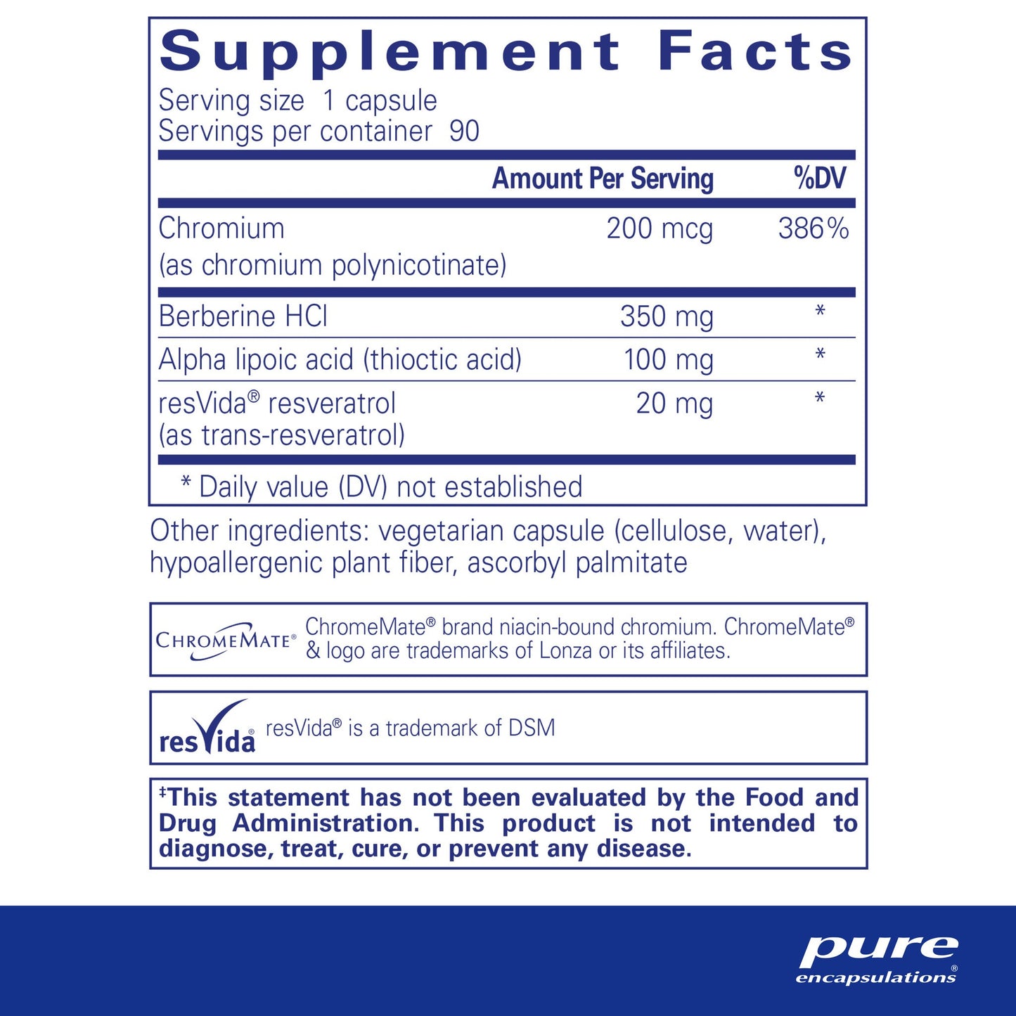Supplment facts and ingred=ient information for a  bottle of Pure Encapsulations Metabolic Xtra dietary supplement 