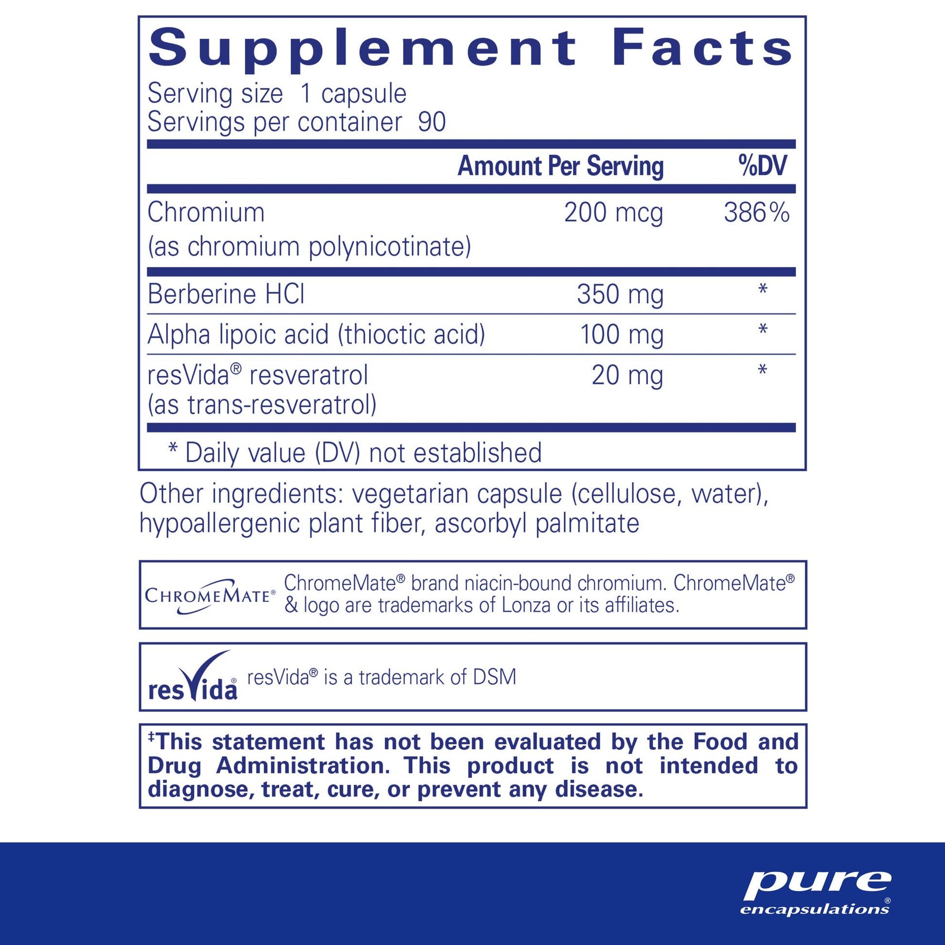 Supplment facts and ingred=ient information for a  bottle of Pure Encapsulations Metabolic Xtra dietary supplement 