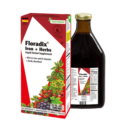 Packaging and bottle of Floradix Iron & Herbs liquid herbal supplement, showing the label with product information, and the bottle containing the dark liquid.