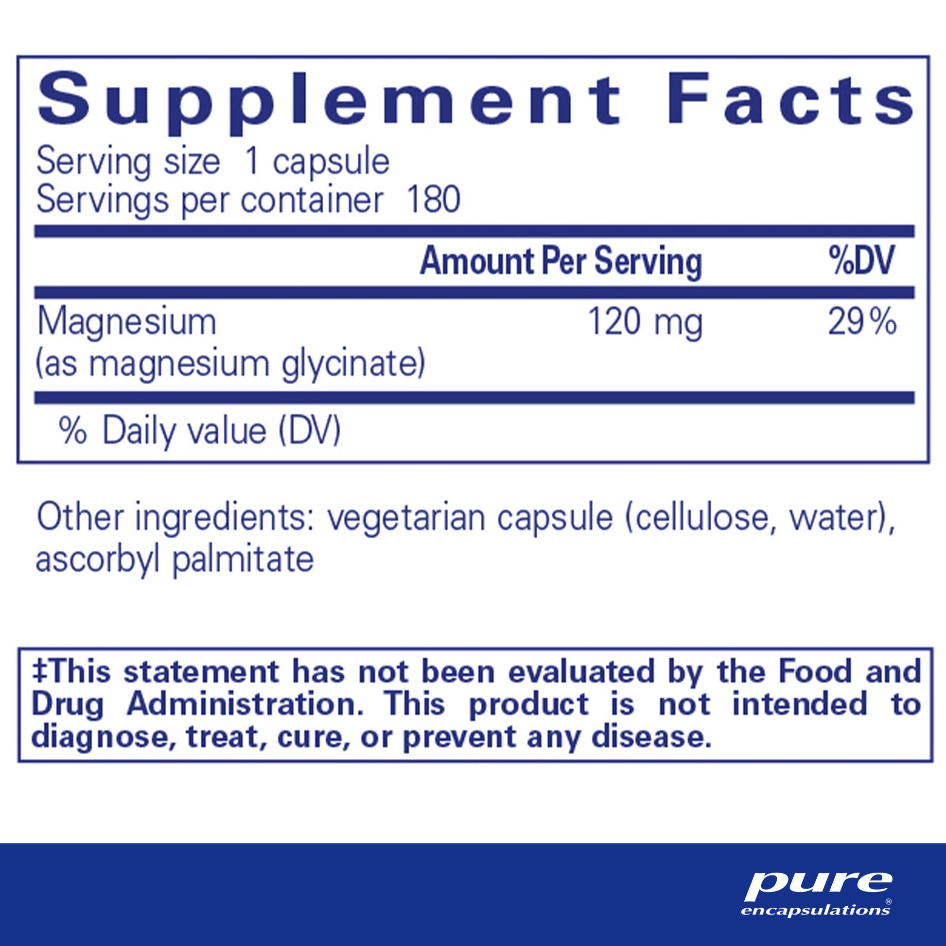 Supplement facts and ingredient informaton for a bottle of Pure Encapsulations Magnesium (glycinate) dietary supplement