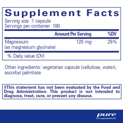 Supplement facts and ingredient informaton for a bottle of Pure Encapsulations Magnesium (glycinate) dietary supplement