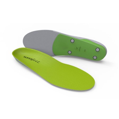 A pair of gray Superfeet insoles with a green bottom.