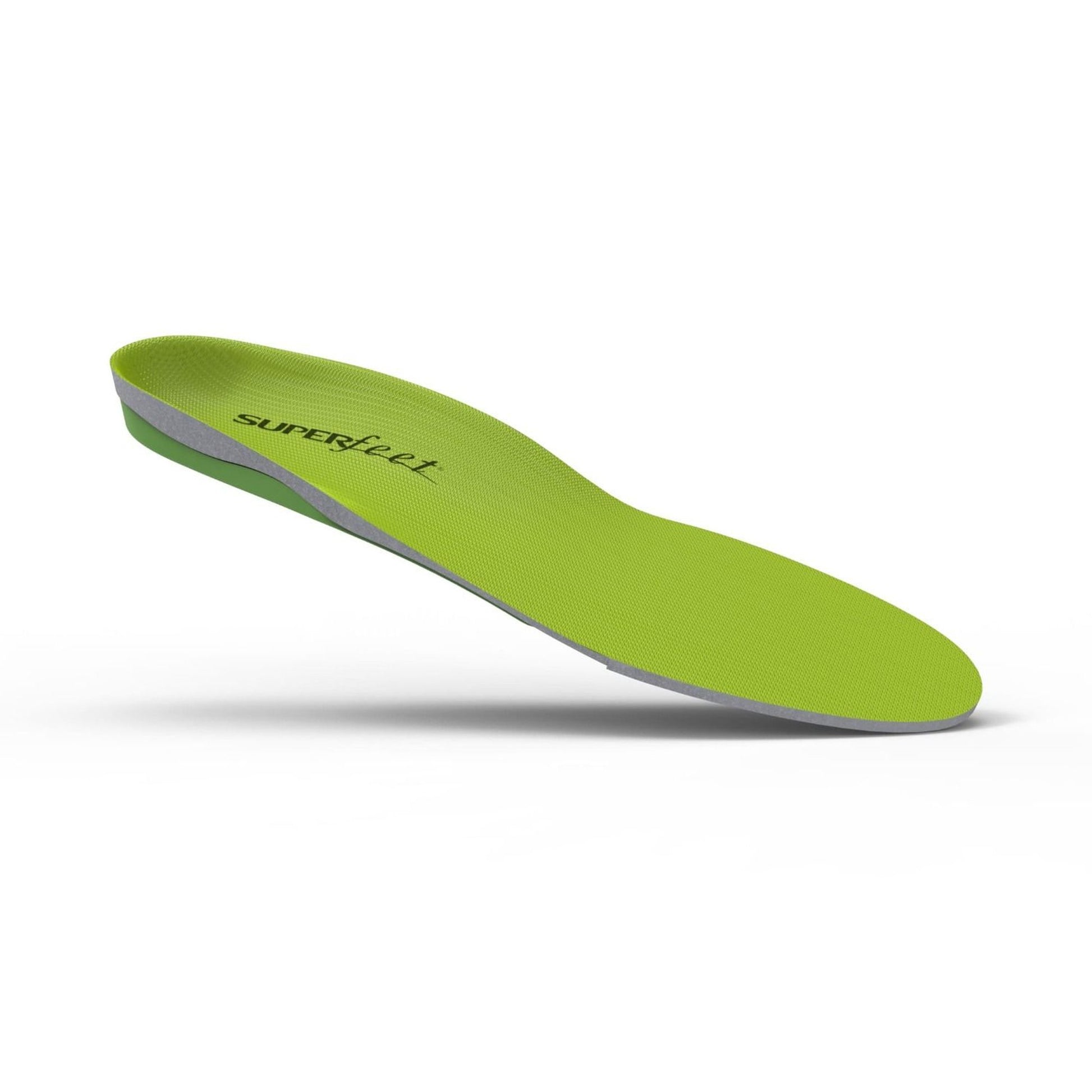 A gray Superfeet insole with a green bottom.