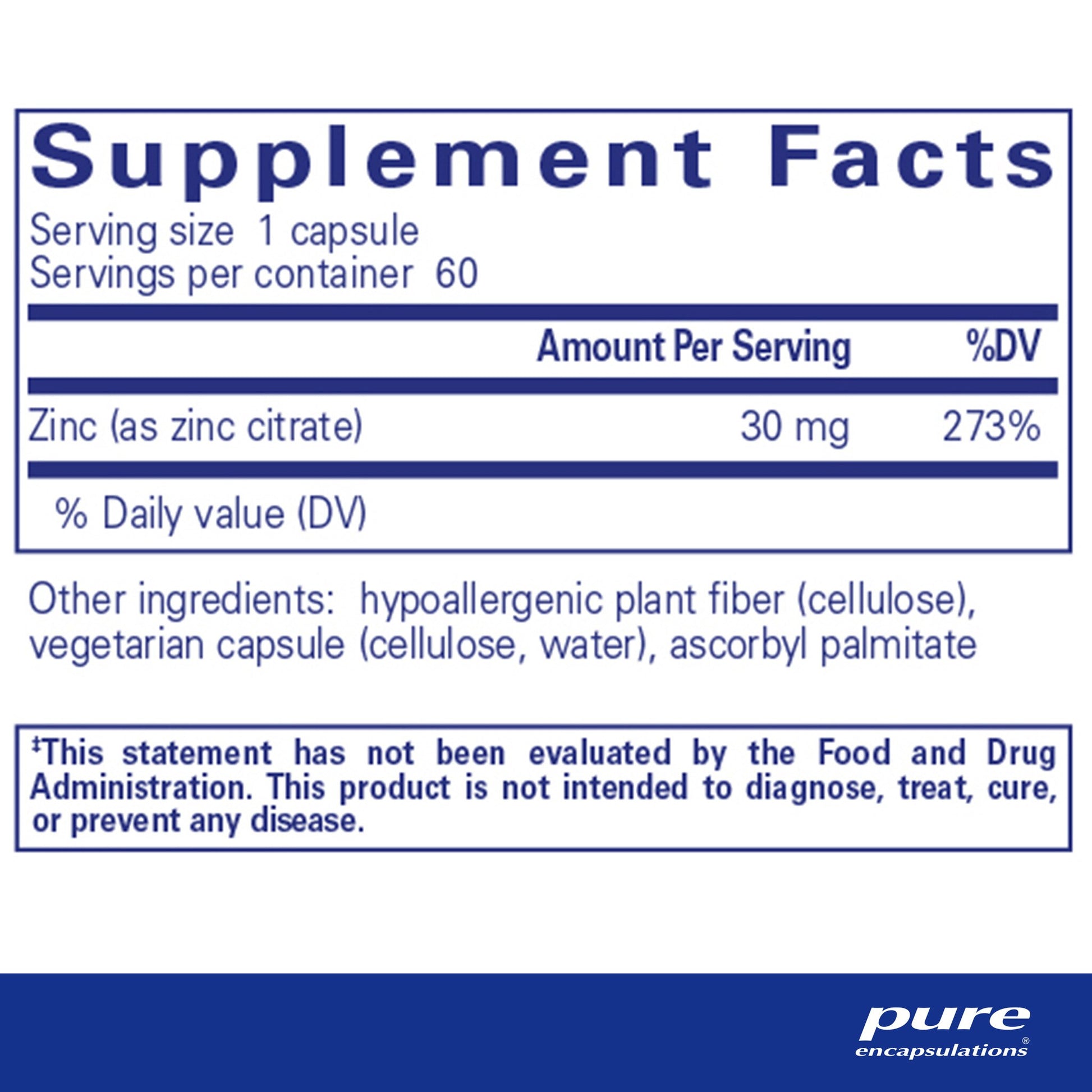 Supplement facts and ingredient onformation for A bottle of Pure Encapsulations Zinc (citrate) dietary supplement