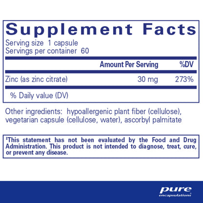 Supplement facts and ingredient onformation for A bottle of Pure Encapsulations Zinc (citrate) dietary supplement