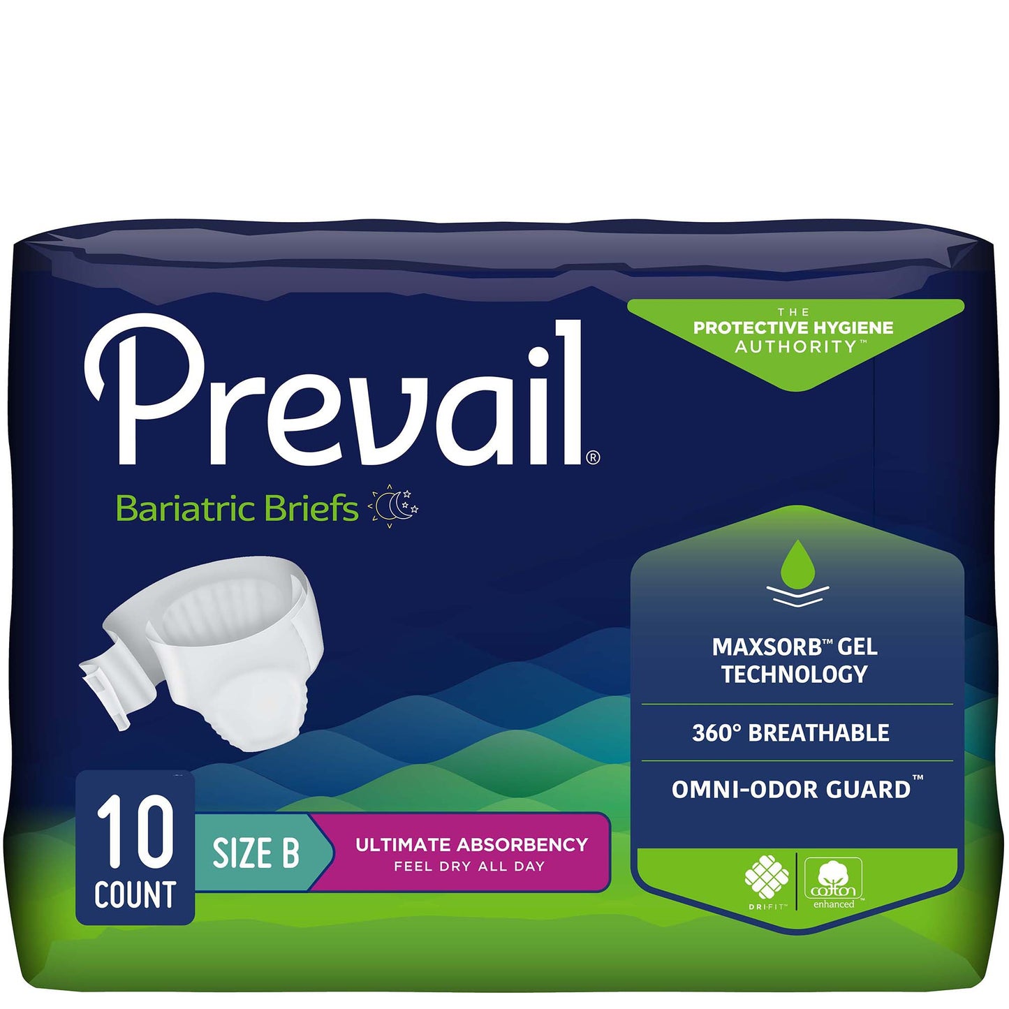 Package of Prevail Bariatric Briefs with branding and product features on a white background