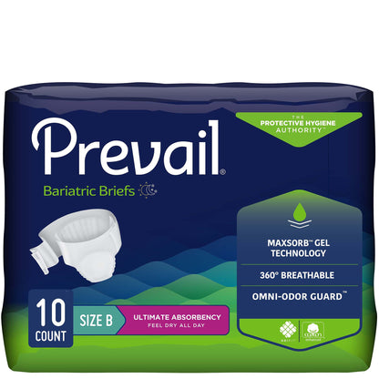 Package of Prevail Bariatric Briefs with branding and product features on a white background