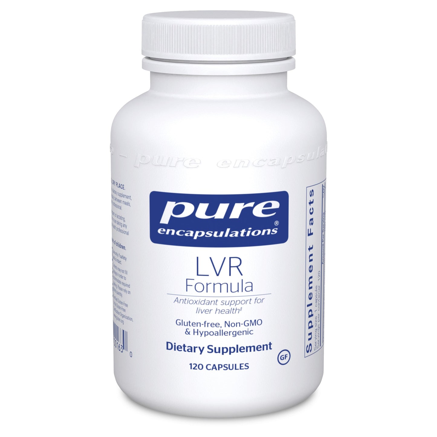 A bottle of Pure Encapsulations LVR Formula dietary supplement with 120 capsules, labeled as gluten-free, non-GMO, and hypoallergenic.
