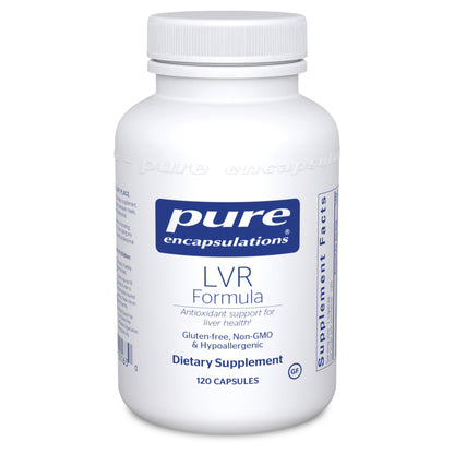 A bottle of Pure Encapsulations LVR Formula dietary supplement with 120 capsules, labeled as gluten-free, non-GMO, and hypoallergenic.